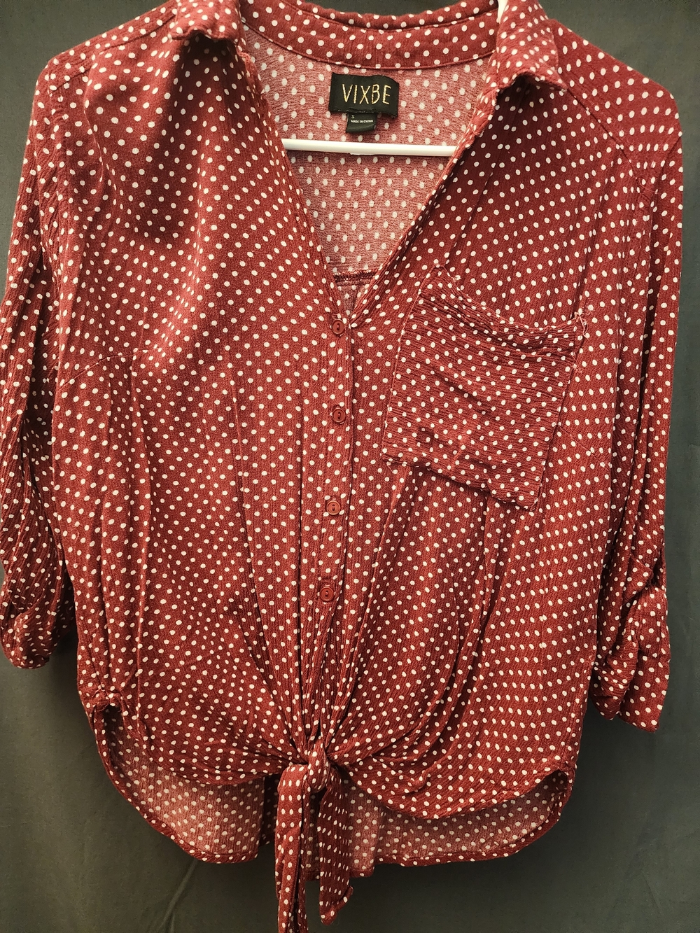 Women's Red Polka Dot Tie-Front Blouse 3/4 Roll Tab Sleeve Size Small
